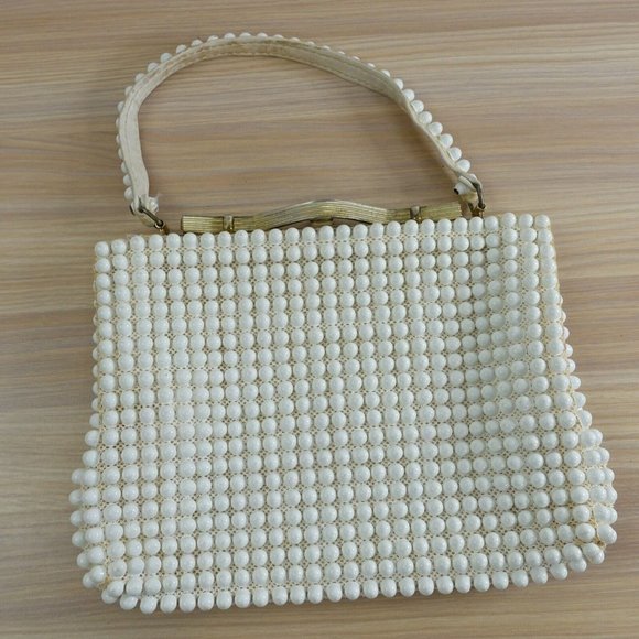 1950s 60s Vintage Beaded Purse‎ White Evening Clutch Top Handle Classic